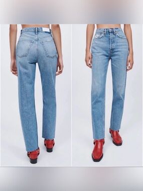 Re/Done 70’s Ultra High Rise Stove Pipe Jeans in Worn Blue, size 29